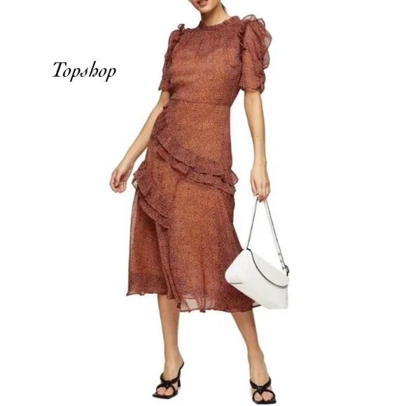 Topshop Womens Leopard Party Spring Ruffle Midi Date Night Dress NWOT Size 10 - Picture 1 of 15